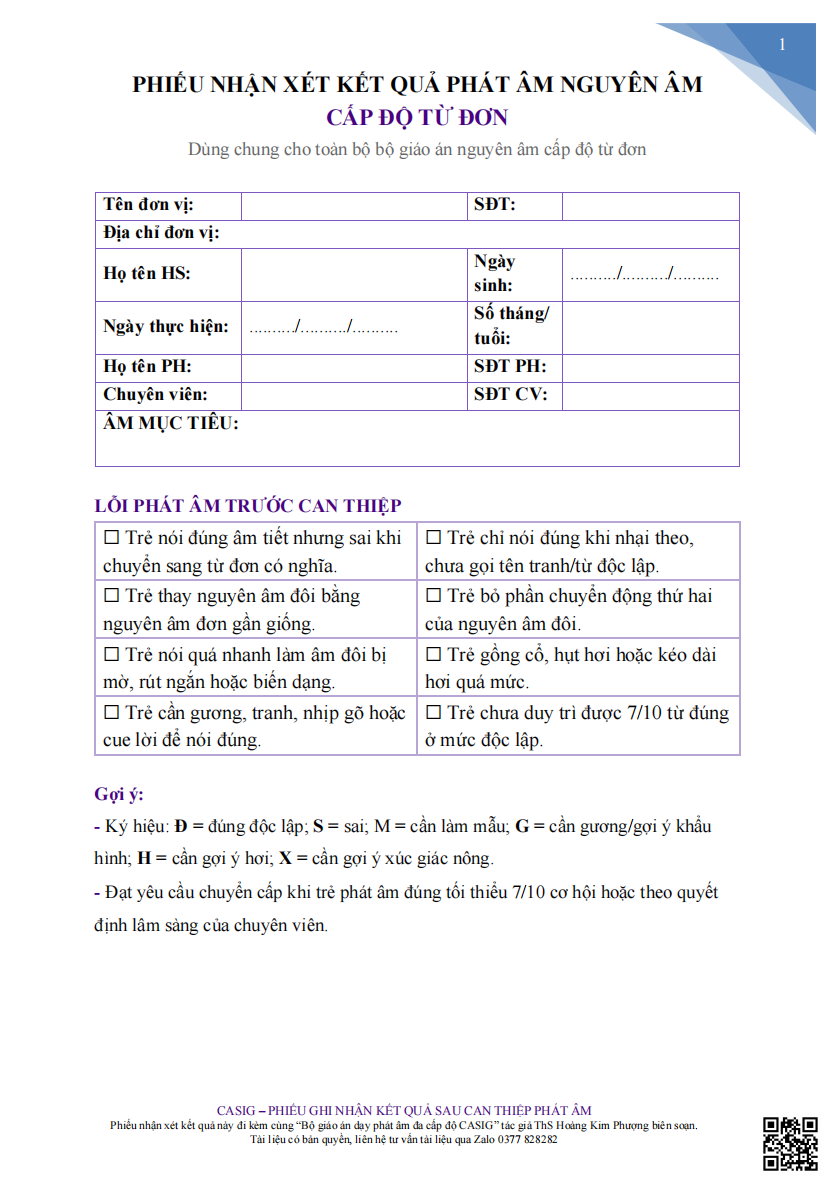 Phiếu đánh giá sau mỗi ca can thiệp phát âm/chỉnh ngọng — ảnh 1